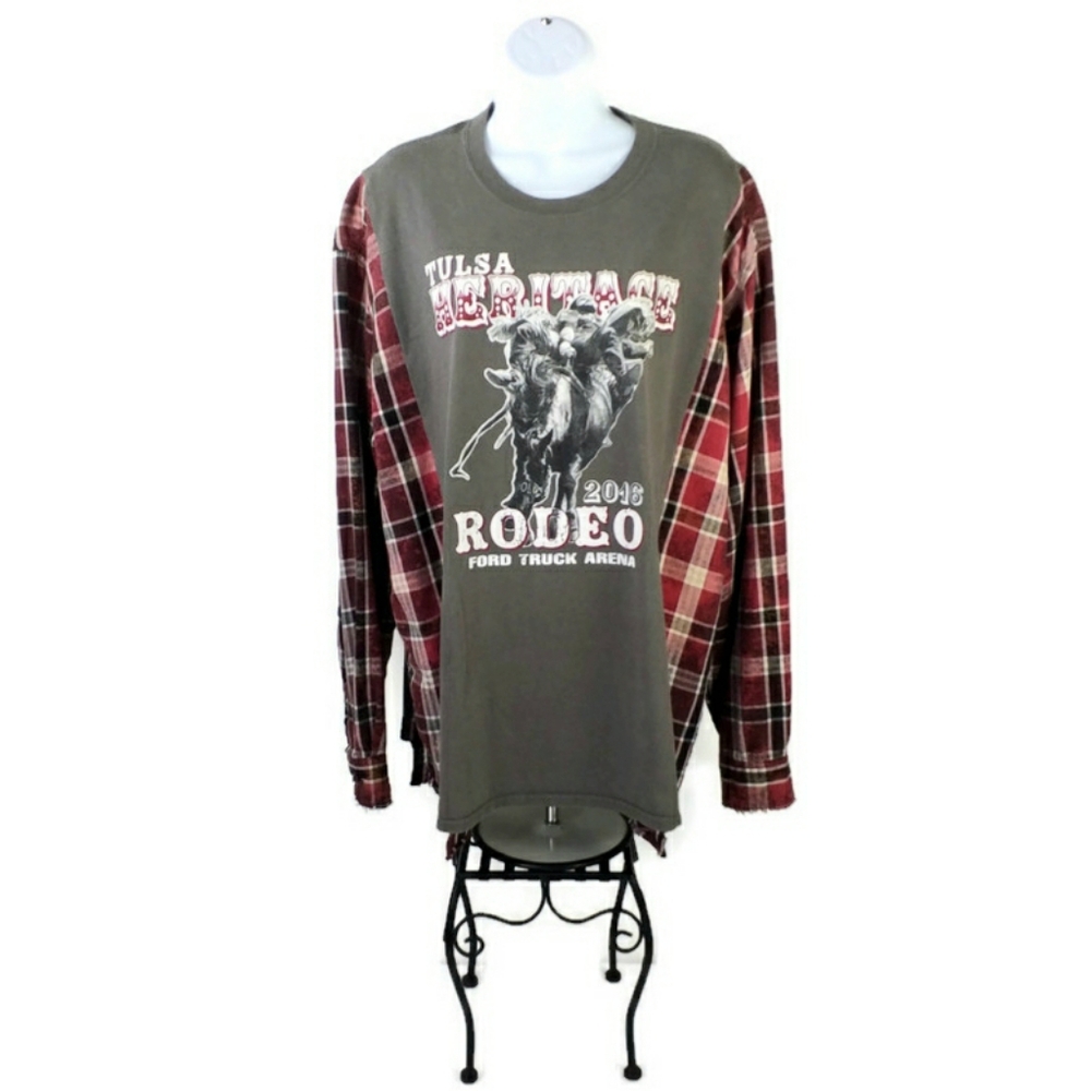 Hand Made Upcycled Bleached Crew Neck Long Sleeve Plaid Flannel Shirt Mens 3XLT